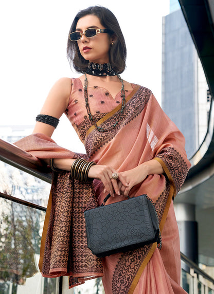 Peach Tissue Silk Printed Work Occasional Wear Saree SW819369