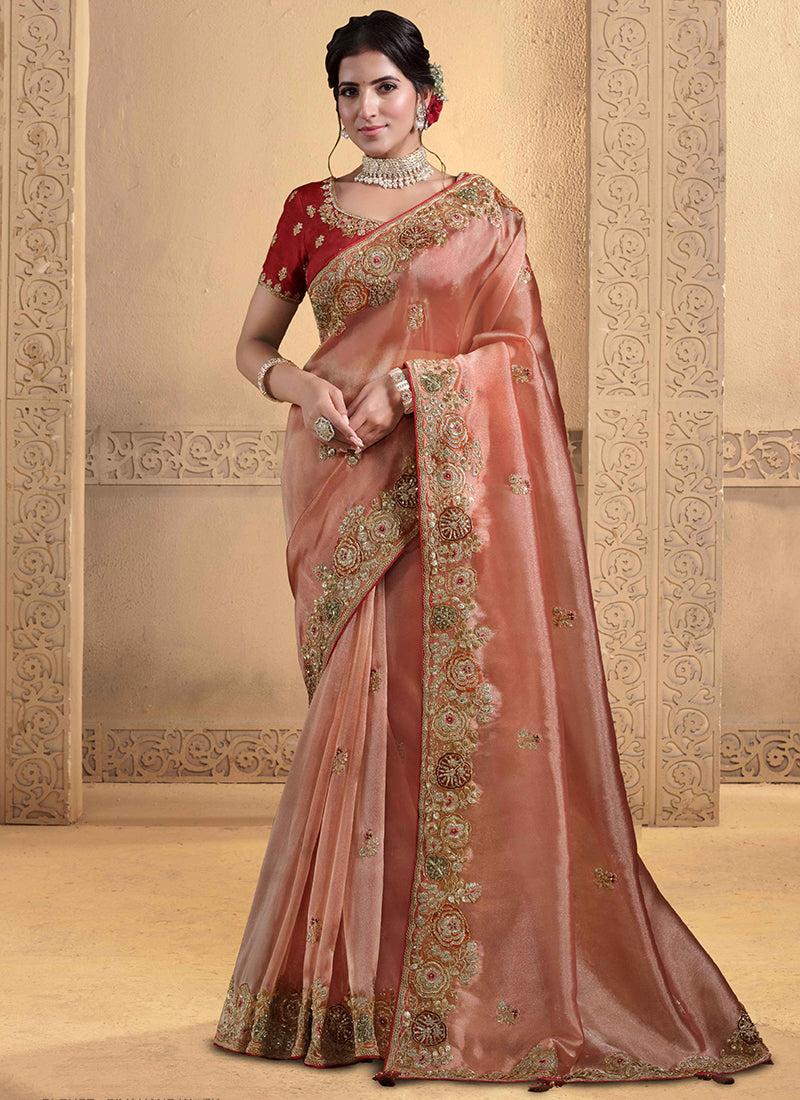 Twill Tissue Peach Wedding Wear Sequin Work Ethnic Wedding Saree 386412