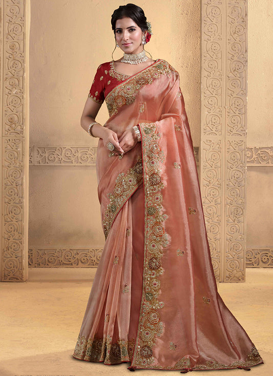 Twill Tissue Peach Wedding Wear Sequin Work Ethnic Wedding Saree 386412