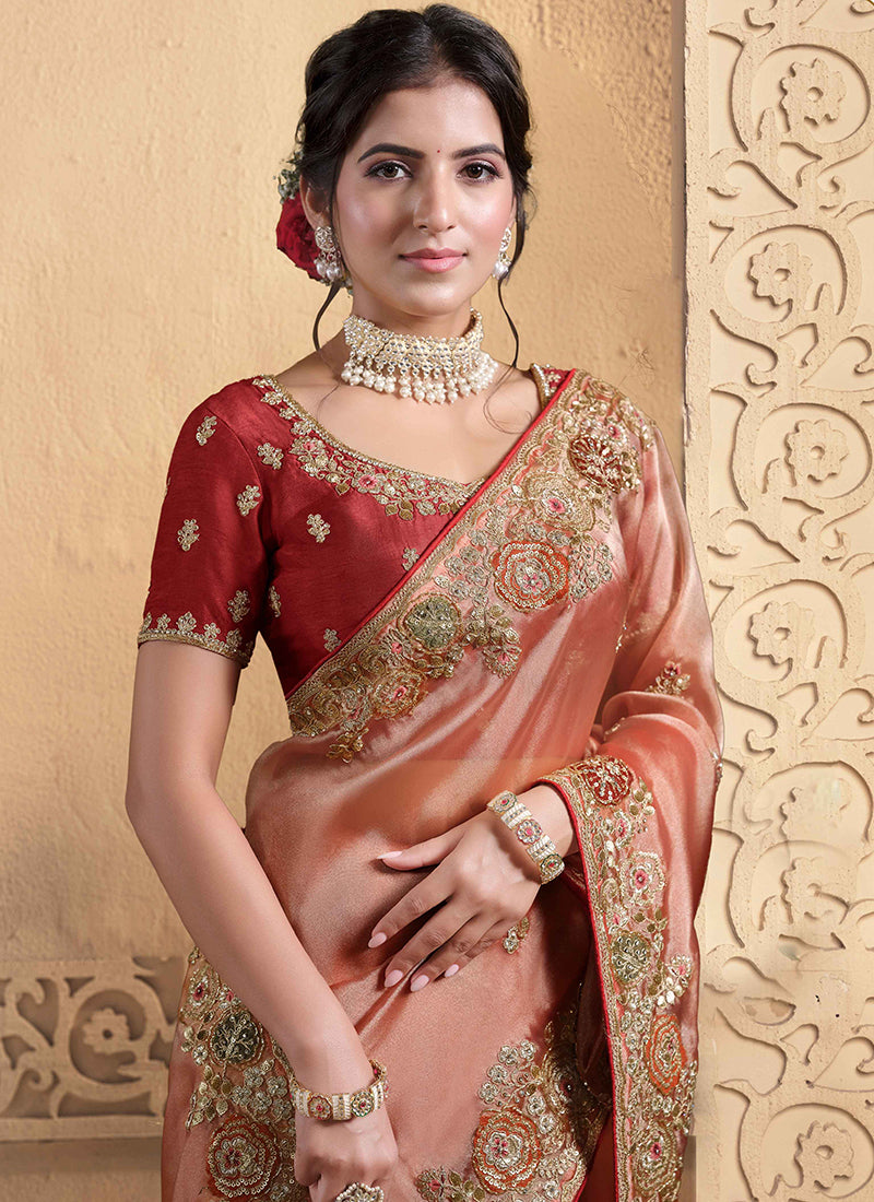Twill Tissue Peach Wedding Wear Sequin Work Ethnic Wedding Saree 386412