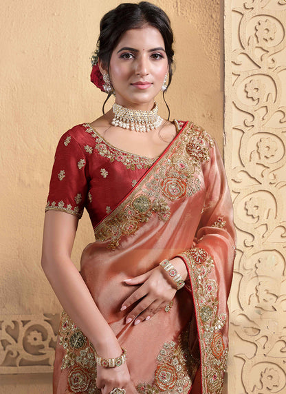 Twill Tissue Peach Wedding Wear Sequin Work Ethnic Wedding Saree 386412