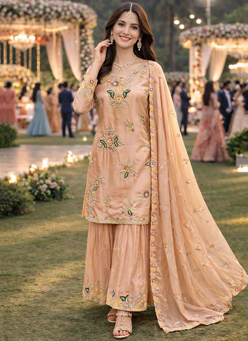 Peach Viscose  Embroidery Work Festival Wear Readymade Sharara Suit SW687269
