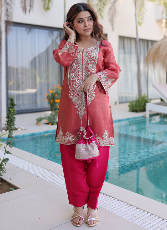 Peach Viscose Silk Embroidery Work Festival Wear Readymade Plazzo Suit SW336842