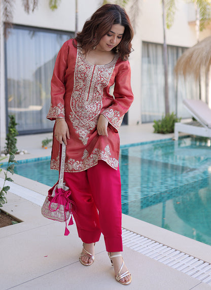 Peach Viscose Silk Embroidery Work Festival Wear Readymade Plazzo Suit SW336842