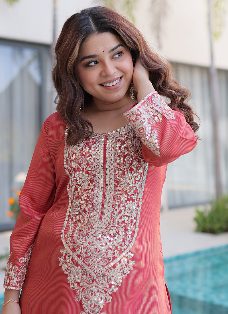 Peach Viscose Silk Embroidery Work Festival Wear Readymade Plazzo Suit SW336842