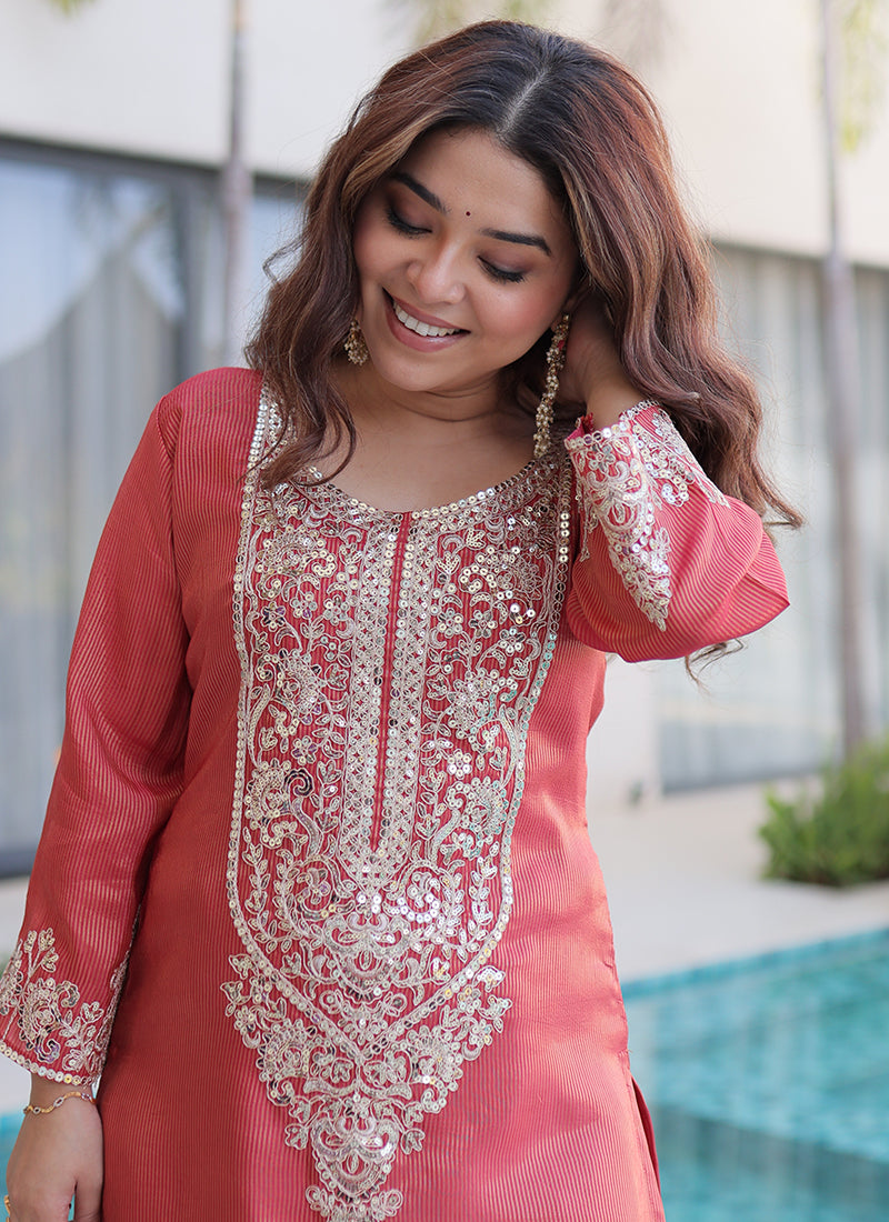 Peach Viscose Silk Embroidery Work Festival Wear Readymade Plazzo Suit SW336842