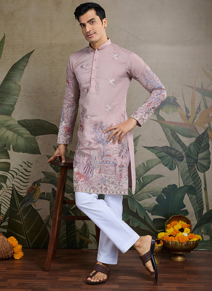 Viscose Silk Classic Peach Traditional Thread Work Readymade Kurta