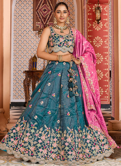 Tissue Peacock Blue Wedding Wear Embroidery Work Lehenga Choli 387203