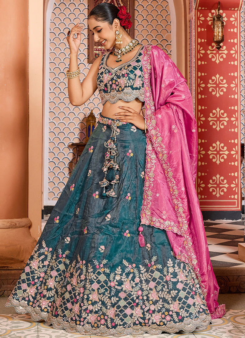 Tissue Peacock Blue Wedding Wear Embroidery Work Lehenga Choli 387203