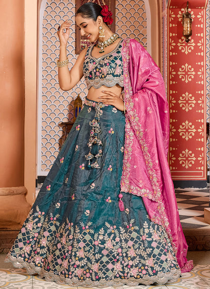 Tissue Peacock Blue Wedding Wear Embroidery Work Lehenga Choli 387203