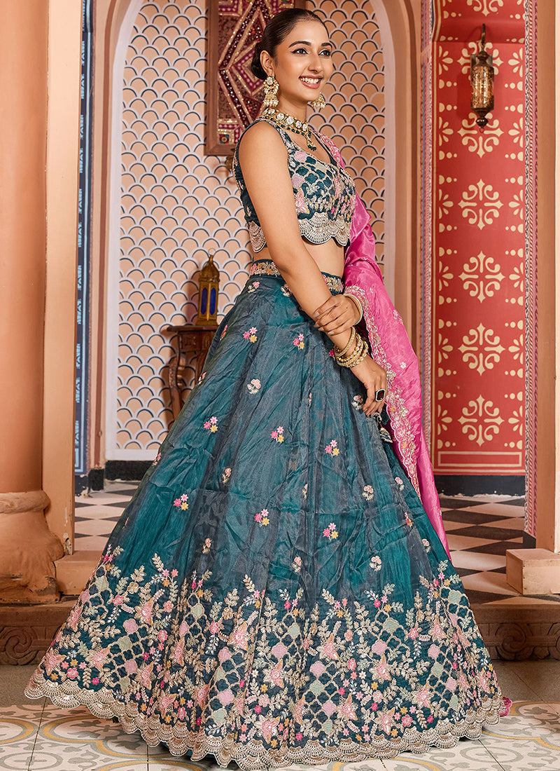 Tissue Peacock Blue Wedding Wear Embroidery Work Lehenga Choli 387203