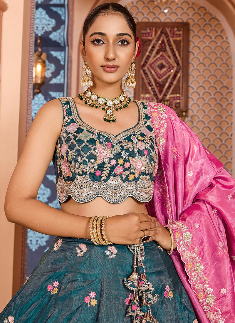 Tissue Peacock Blue Wedding Wear Embroidery Work Lehenga Choli 387203
