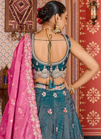 Tissue Peacock Blue Wedding Wear Embroidery Work Lehenga Choli 387203