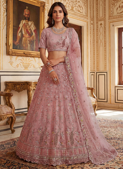 Peach Net Embroidery Work Wedding Wear Lehenga Choli SW728617