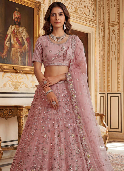 Peach Net Embroidery Work Wedding Wear Lehenga Choli SW728617