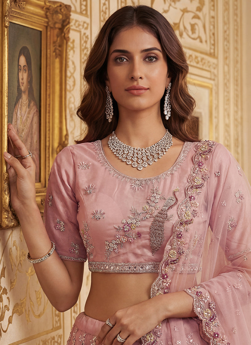 Peach Net Embroidery Work Wedding Wear Lehenga Choli SW728617