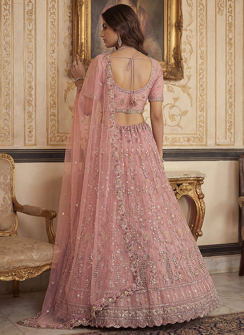 Peach Net Embroidery Work Wedding Wear Lehenga Choli SW728617