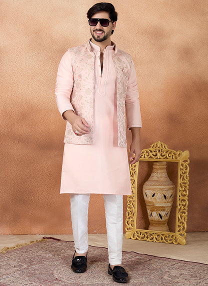 Pink Art Banarasi Silk Pintux Wedding Wear Readymade Modi Jacket Kurta Pajama SW553973