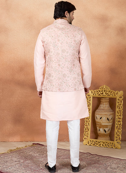 Pink Art Banarasi Silk Pintux Wedding Wear Readymade Modi Jacket Kurta Pajama SW553973