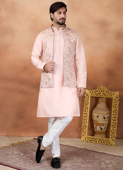 Pink Art Banarasi Silk Pintux Wedding Wear Readymade Modi Jacket Kurta Pajama SW553973