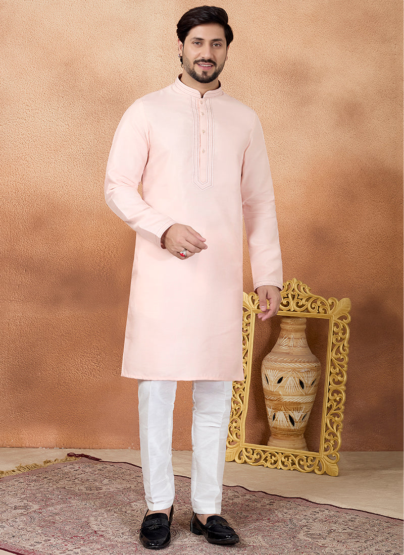Pink Art Silk Pintux Occasional Wear Readymade Kurta Pajama SW625554