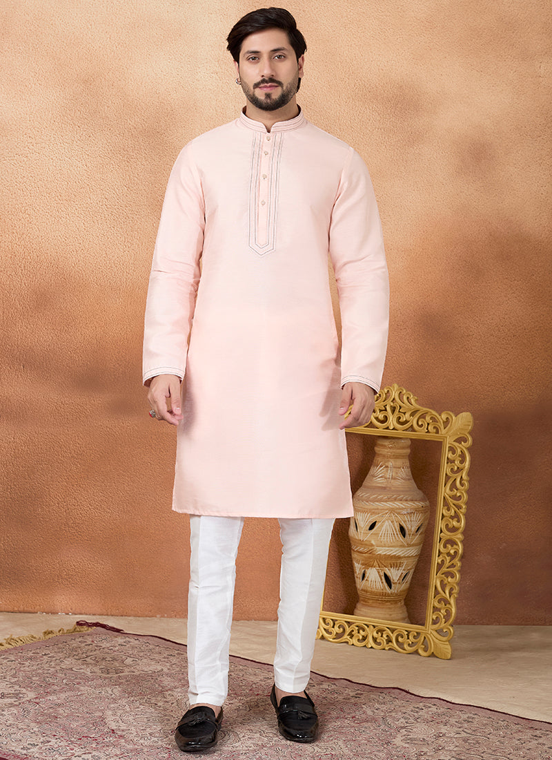 Pink Art Silk Pintux Occasional Wear Readymade Kurta Pajama SW625554