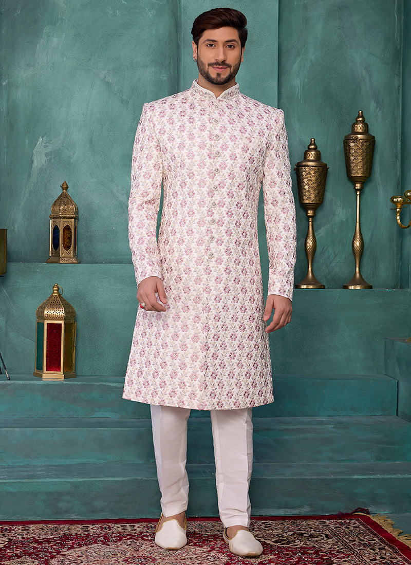 Pink Art Silk Computer Thread Work Party Wear Readymade Sherwani SW220754