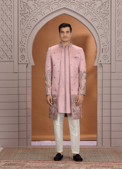 Art Silk Pink Wedding Wear Embroidery Work Readymade Indo Western Sherwani 386012
