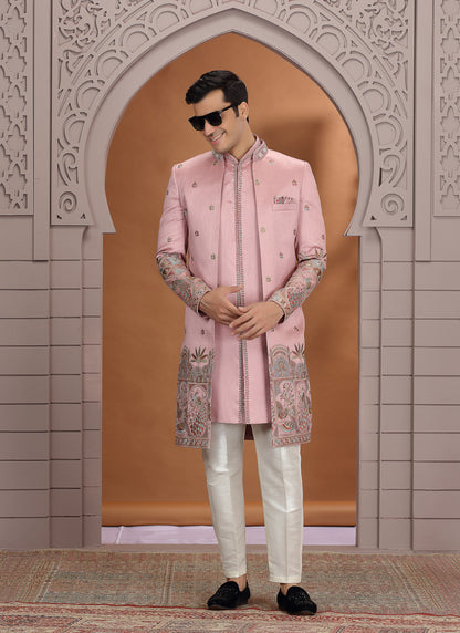 Art Silk Pink Wedding Wear Embroidery Work Readymade Indo Western Sherwani 386012