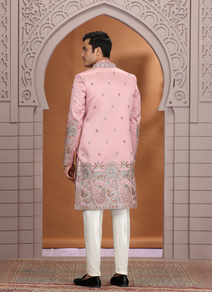 Art Silk Pink Wedding Wear Embroidery Work Readymade Indo Western Sherwani 386012