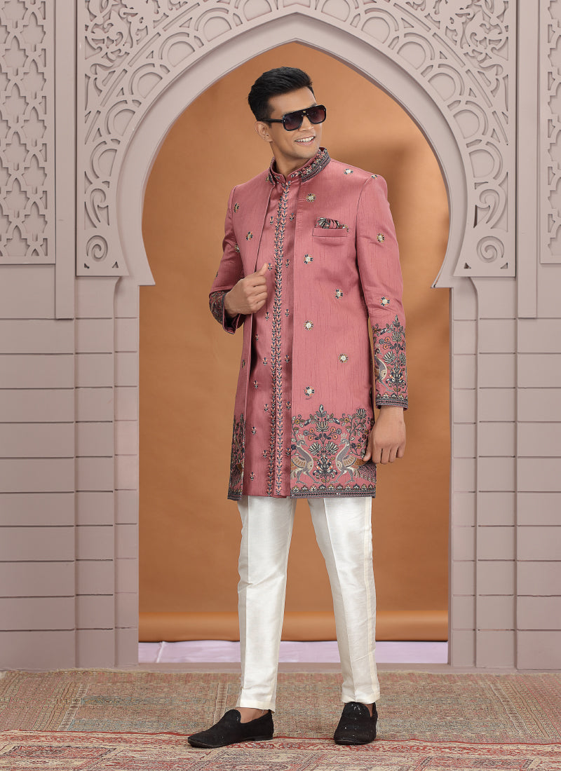 Art Silk Pink Wedding Wear Embroidery Work Readymade Indo Western Sherwani 386014