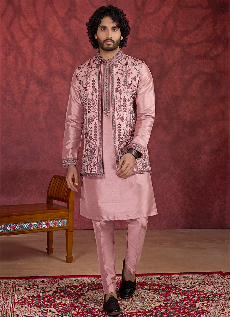 Art Silk Pink Wedding Wear Embroidery Work Readymade IndoWestern Sherwani 387390