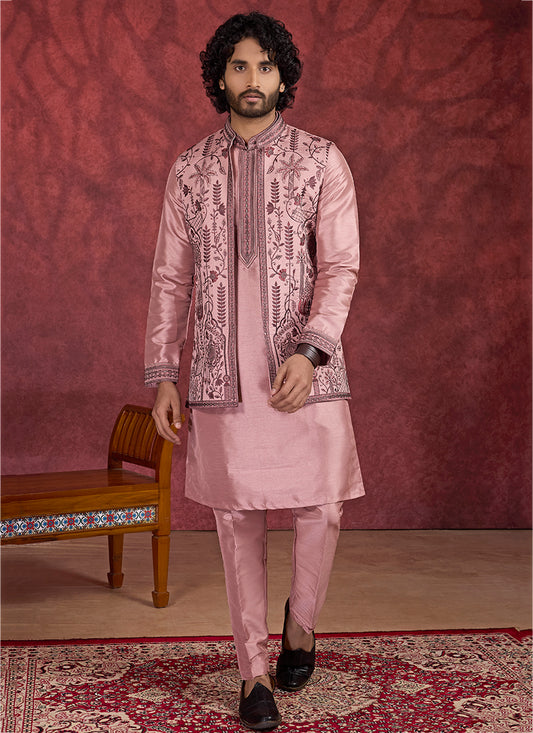 Art Silk Pink Wedding Wear Embroidery Work Readymade IndoWestern Sherwani 387390