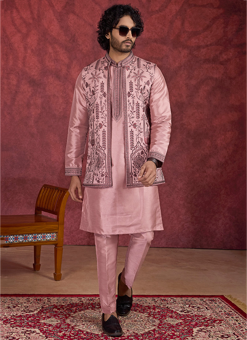 Art Silk Pink Wedding Wear Embroidery Work Readymade IndoWestern Sherwani 387390