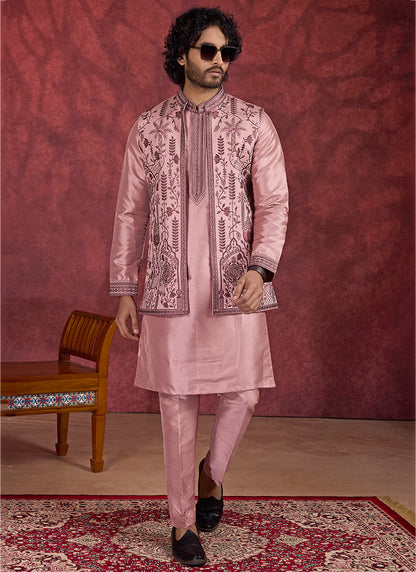 Art Silk Pink Wedding Wear Embroidery Work Readymade IndoWestern Sherwani 387390