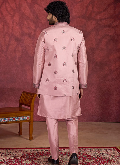 Art Silk Pink Wedding Wear Embroidery Work Readymade IndoWestern Sherwani 387390