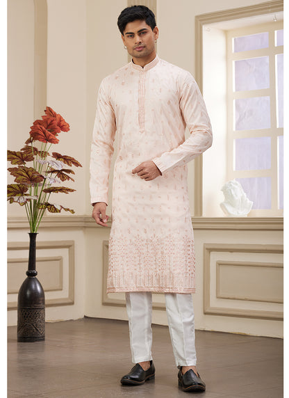 Sequin Embellished Pink Art Silk Kurta Pajama for Party Wear