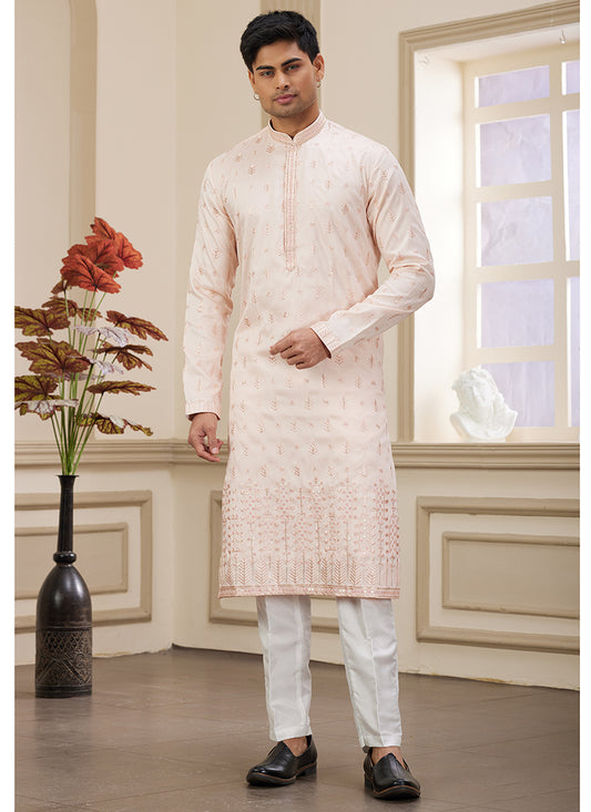 Sequin Embellished Pink Art Silk Kurta Pajama for Party Wear