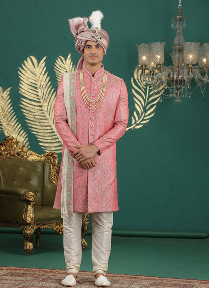 Banarasi Jacquard Pink Wedding Wear Hand Embroidery Readymade Groom Sherwani 385994