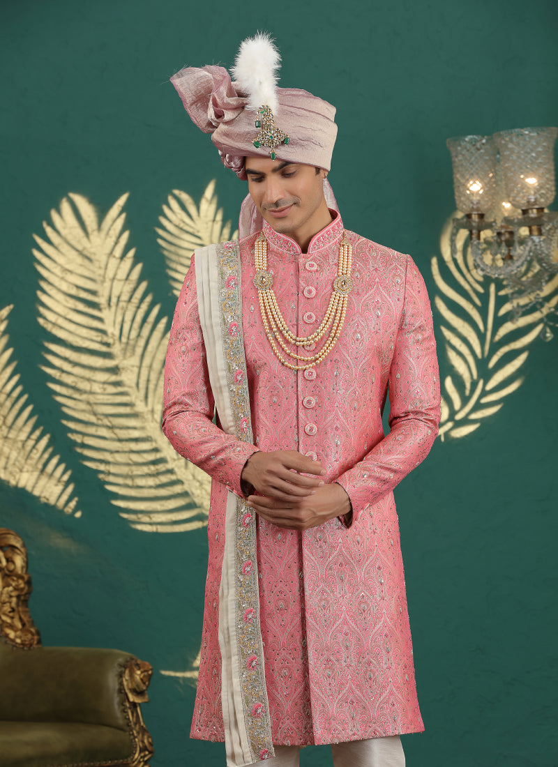 Banarasi Jacquard Pink Wedding Wear Hand Embroidery Readymade Groom Sherwani 385994