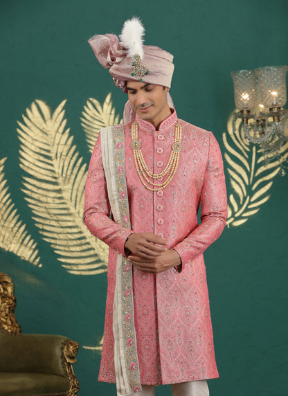 Banarasi Jacquard Pink Wedding Wear Hand Embroidery Readymade Groom Sherwani 385994