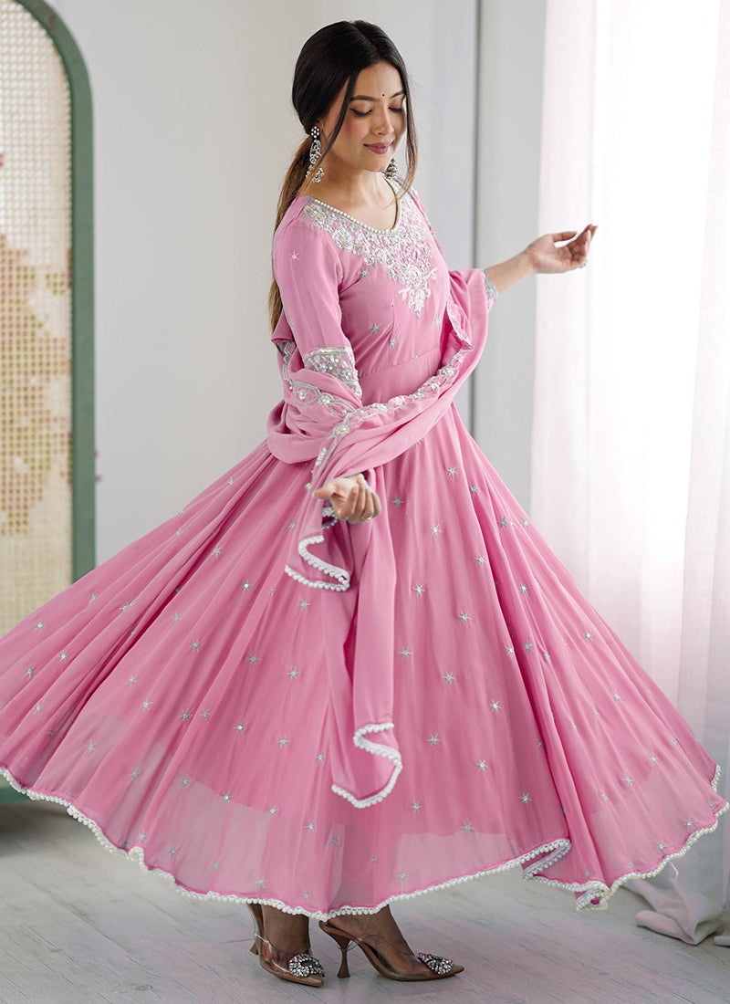 Pink Blooming Faux Sequins Work Casual Wear Readymade Anarkali Suit SW650483