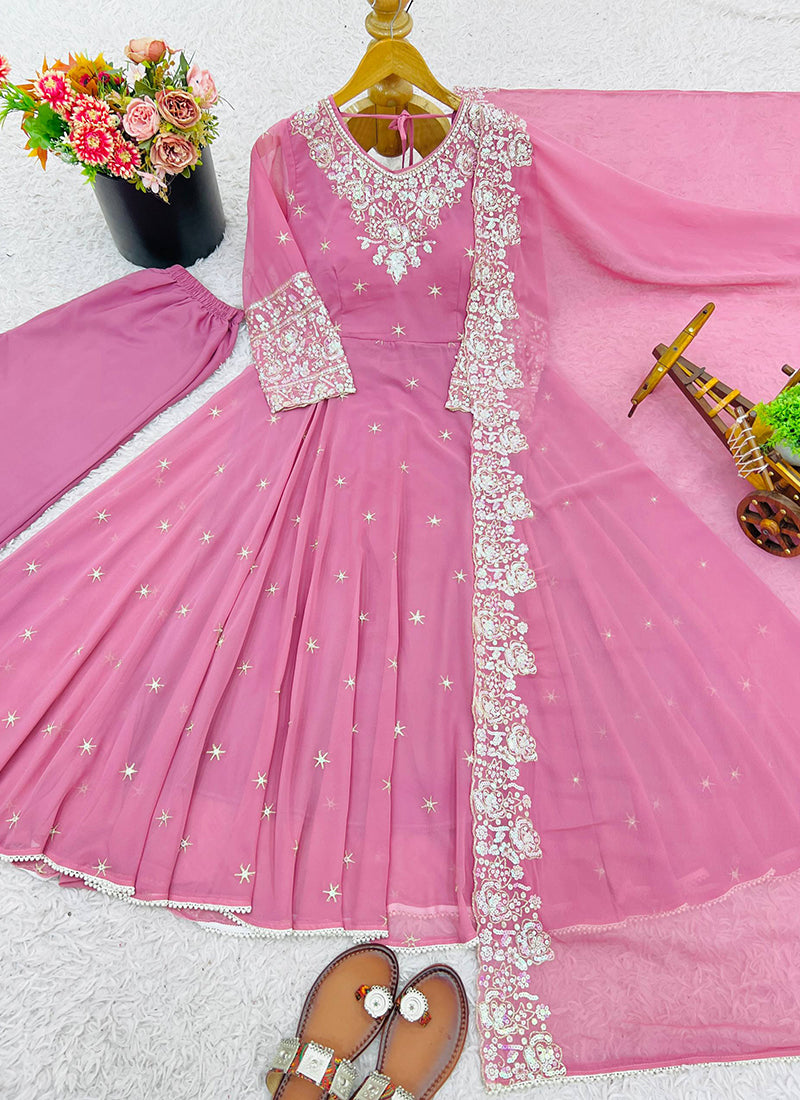 Pink Blooming Faux Sequins Work Casual Wear Readymade Anarkali Suit SW650483