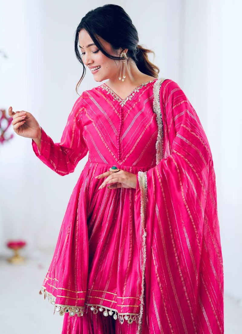Chanderi Pink Festival Wear Embroidery Work Readymade Sharara Suit 385317