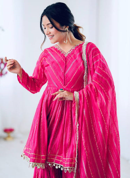 Chanderi Pink Festival Wear Embroidery Work Readymade Sharara Suit 385317