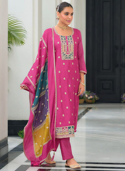 Chinnon Pink Festival Wear Embroidery Work Readymade Salwar Suit 385405