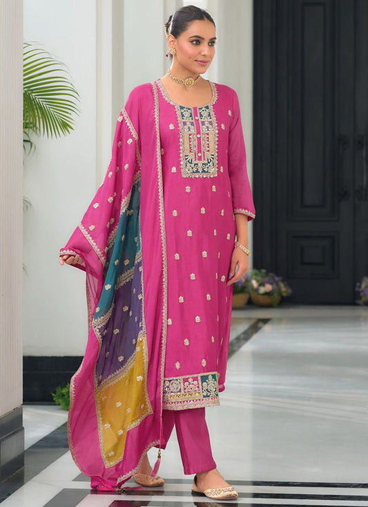 Chinnon Pink Festival Wear Embroidery Work Readymade Salwar Suit 385405