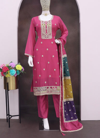 Chinnon Pink Festival Wear Embroidery Work Readymade Salwar Suit 385405