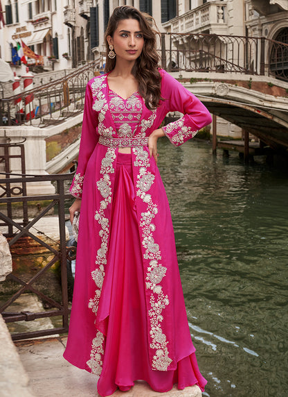 Chinnon Silk Pink Party Wear with Embroidery Work Readymade Indo Western Plazzo Suit 385435