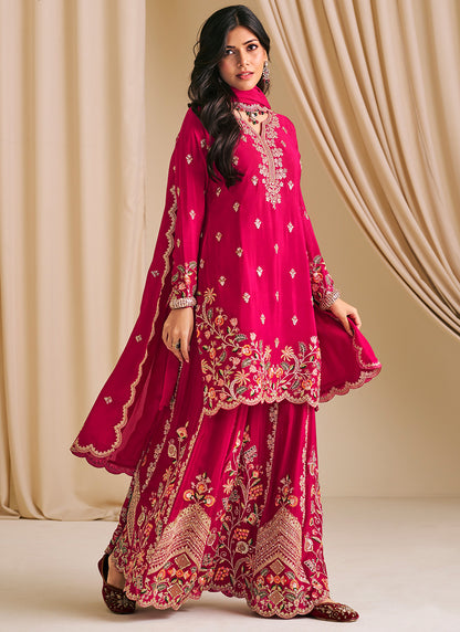 Chinnon Pink Wedding Wear Embroidery Work Readymade Plazzo Suit 385411